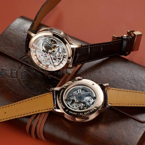 Vista 5 de Relojes de oro rosa de lujo para hombre, esfera esquelética, relojes automáticos, correa de cuero VM-1