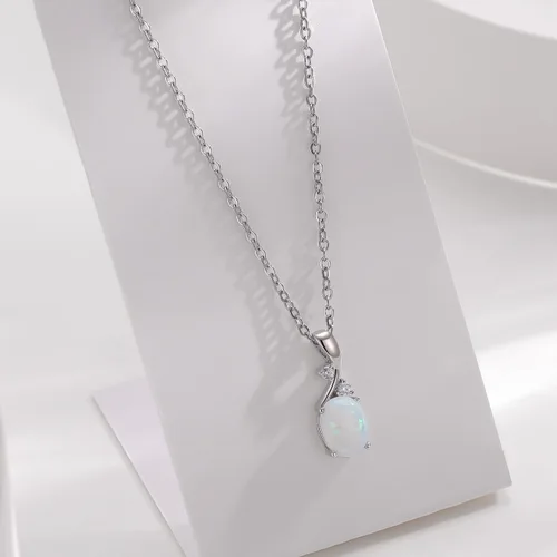 Vista 6 de AILUOR Collar con colgante de ópalo vintage, chapado en plata, piedra preciosa ovalada de ópalo blanco, joyería de moda para mujeres y madres, amor