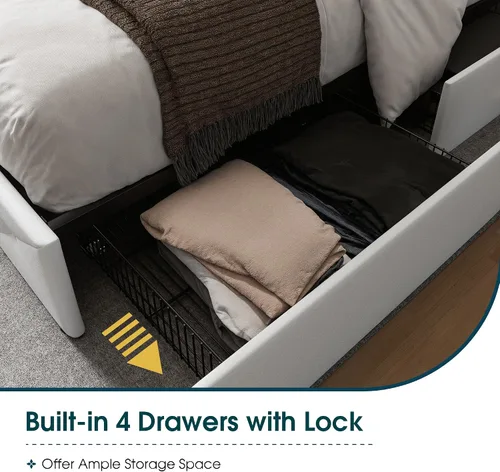 Vista 5 de WEEWAY Base de cama de plataforma de tamaño matrimonial con 4 cajones de almacenamiento, cabecera capitonada con botones de costura de diamante