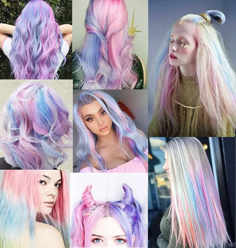 Vista 4 de 12 extensiones de cabello de colores resistentes al calor sintético liso (verde claro, rosa claro, azul claro, morado claro)