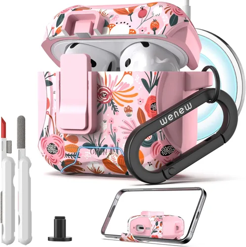 Vista 18 de wenew Funda compatible con AirPods Pro de 2ª/1ª generación con soporte para teléfono, limpiador, clip, compatible con Magsafe, funda de carga