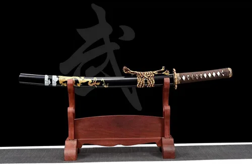 Vista 2 de Dragón Wakizashi Clay Templado T10 Acero Japonés Samurai Espada Unokubi-Zukuri Cuchilla de afeitar afilada