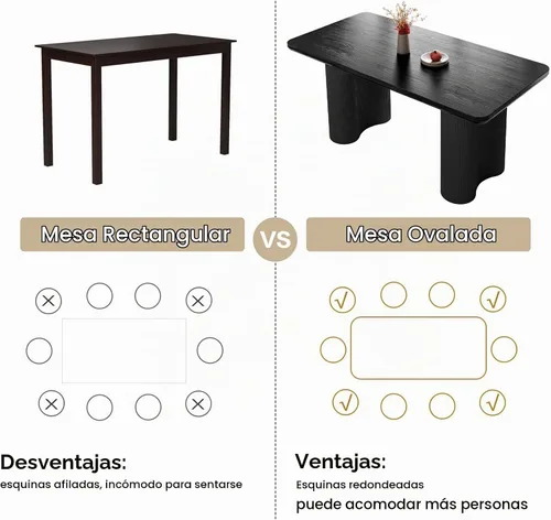 Vista 4 de Mesa de comedor rectangular moderna de 62.99 pulgadas para 4-6, mesa de cocina negra de mediados de siglo con patas onduladas y parte superior
