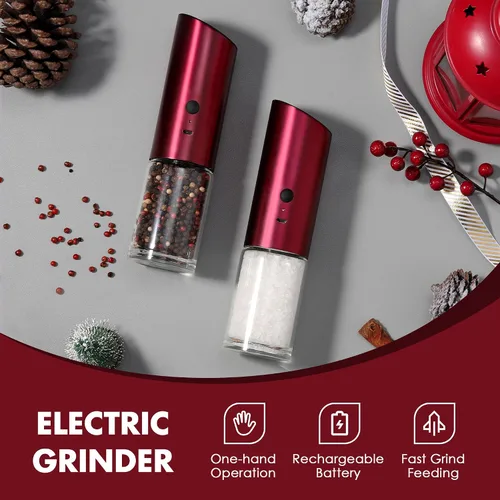 Vista 14 de Vzaahu Gravity - Molinillo eléctrico de pimienta y sal - Juego de 2 molinillo de sal y pimienta recargable de acero inoxidable con luz LED Rojo