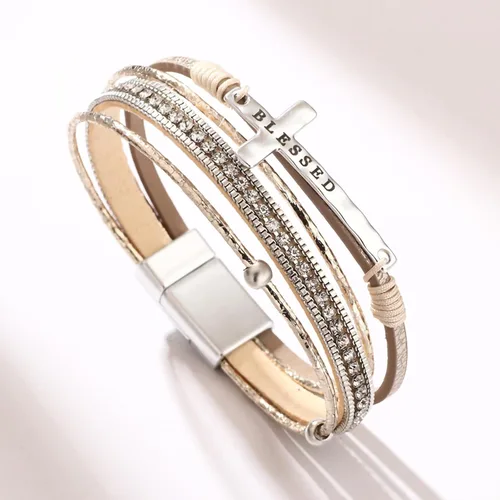 Vista 6 de Fesciory Pulsera de leopardo para mujer, pulsera de cuero bohemio multicapa con perlas de cristal