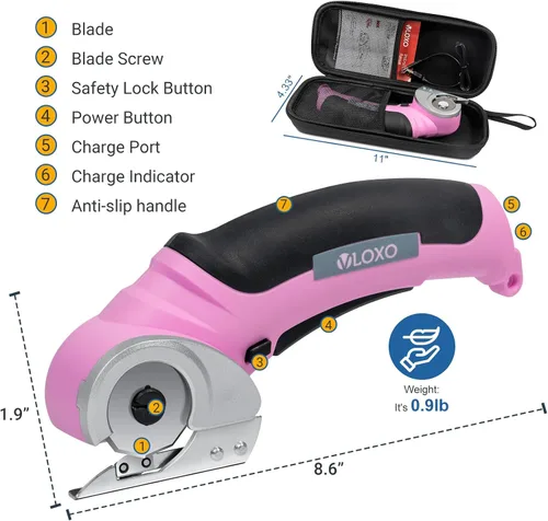 Vista 8 de VLOXO Tijeras eléctricas inalámbricas, cortador de cartón con bloqueo de seguridad, mini cortador eléctrico de 4.2 V, tijeras giratorias para Rosa