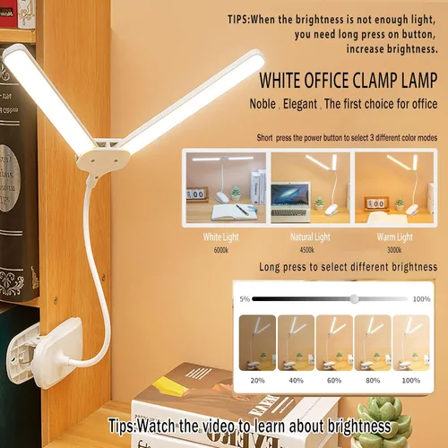 Vista 5 de Lámpara de escritorio LED de doble cabeza con abrazadera, luces de clip para oficina en casa, lámparas de mesa recargables de 4000 mAh, 3 modos