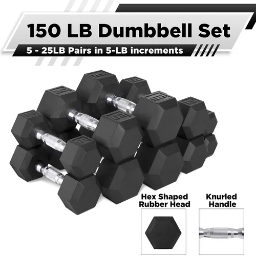 Vista 2 de WF Athletic Supply - Juego de mancuernas hexagonales con revestimiento de goma y peso de 5 a 25 libras; con soporte con forma de A para a. Juego