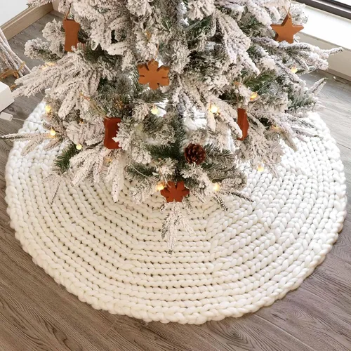 Vista 2 de Falda de árbol de Navidad de 48 pulgadas: Falda de árbol tejida gruesa para árbol de 7.5 pies, falda de árbol de crochet en crema y blanco, faldas