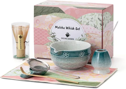 Vista 9 de Juego de té Matcha, kit japonés de 8 piezas con cuenco cerámico de diseño de flores de cerezo y olas, batidor de bambú, soporte para batidor