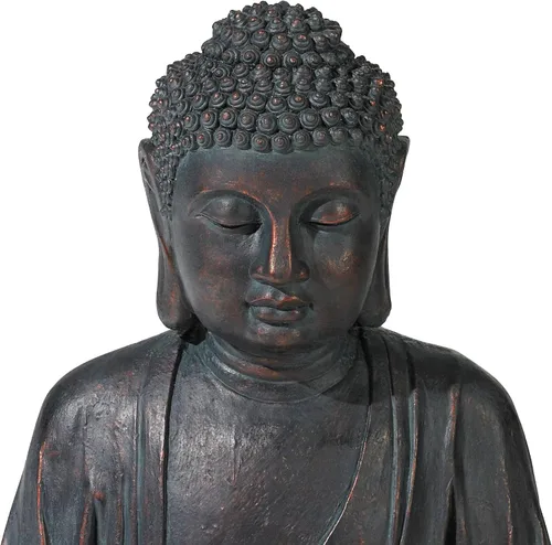 Vista 3 de Buda meditando de 24" de alto, fuente de piso de resina grande Zen Asiático para interiores y exteriores con luz LED, fuente de burbujas de agua
