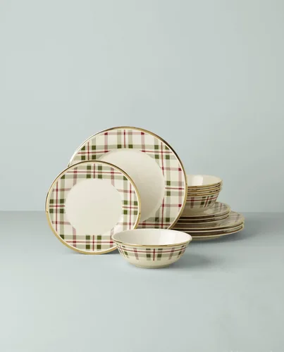Vista 2 de Lenox 894963 Juego de vajilla de 12 piezas Holiday Plaid, rojo y verde, Navidad, para recibir invitados
