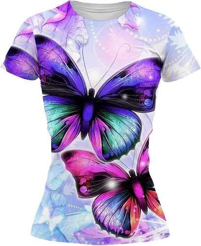 Vista 5 de Camisetas para mujer con estampado floral 3D de mariposa, camiseta de manga corta con cuello redondo informal