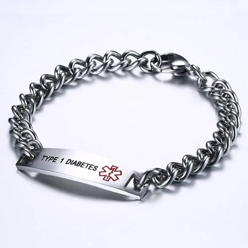 Vista 3 de TTVOVO Pulseras de identificación de alerta médica para hombres y mujeres, de acero inoxidable, SOS, pulseras médicas de emergencia, pulsera