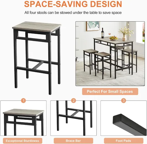 Vista 3 de Juego de comedor de 5 piezas, mesa de comedor con 4 taburetes, mesa de desayuno de cocina para el hogar, juego de mesa de bar, mesa de bar con 4