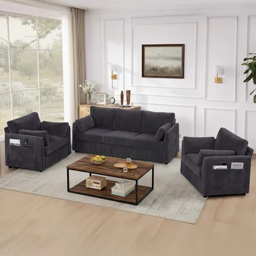 Vista 11 de Mofolit - Juego de sofás para sala de estar, sofás de corduroy de 3 plazas y silla individual, sofás para apartamentos y espacios pequeños