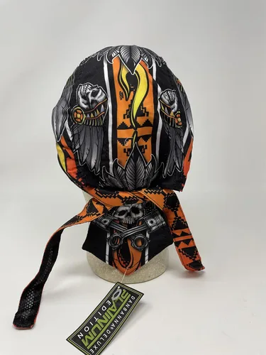 Vista 2 de Platinum Biker Doo Rag Durag Headwrap - Tocado de plumas de jefe indio nativo americano, color negro, naranja, amarillo, Multi