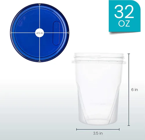 Vista 3 de PLASTICPRO [Paquete de 3 de 32 oz] Contenedores de Delicatessen con Tapa Giratoria Fondo Transparente con Tapas Giratorias Azules Reutilizables