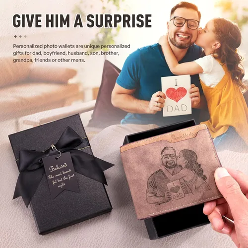 Vista 3 de Lovejewelry Carteras personalizadas con fotos para hombres, cartera de piel grabada para padre, novio (estilo 1)