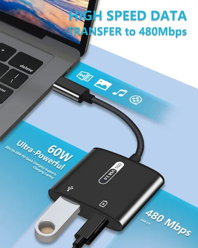 Vista 5 de Adaptador USB C OTG con alimentación, 2 en 1 USB C a USB hembra con adaptador de carga PD de 60 W compatible con iPhone 17/16/15, iPad Pro/Air 6