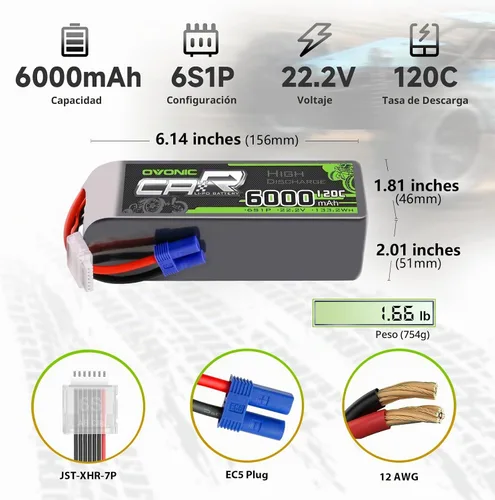Vista 2 de OVONIC 6S LiPo Batería 6000mAh 22.2V 120C RC Batería con conector EC5 (paquete de 2)