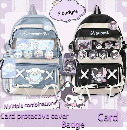 Vista 7 de Roffatide Anime Kuromi - Mochila Kawaii con 21 piezas de accesorios de dibujos animados estética de viaje nuevo semestre bolsa de regalo con bonitos