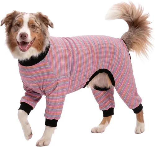 Vista 12 de LovinPet Pijama grande para perro, camisa de algodón multicolor a rayas, para dejar de caer, pijamas para mascotas, ropa de bulldog francés, ropa