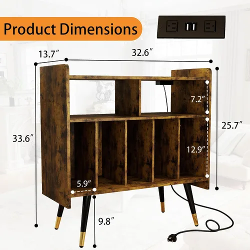 Vista 2 de Brown Record Player Stand: Vinyl Record Player Stand with Storage, Turntables for Vinyl Records, Modern Media Console, Album Display Shelf with USB