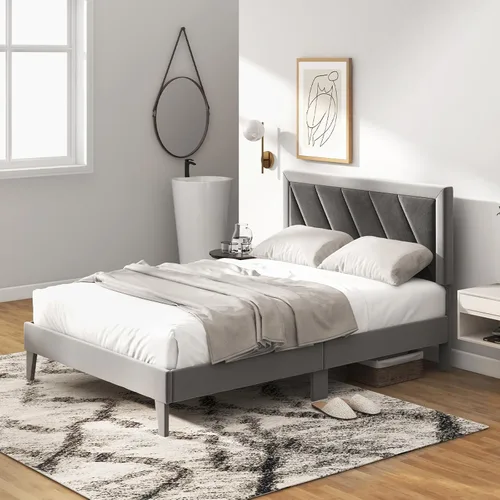 Vista 8 de Giantex Base de cama de terciopelo de tamaño matrimonial con cabecero, moderna plataforma tapizada, base de colchón con 12 listones de madera