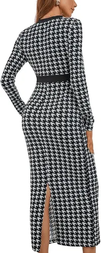 Vista 2 de WDIRARA Vestido largo de manga larga con cuello en V y cuello en V para mujer, diseño de pata de gallo