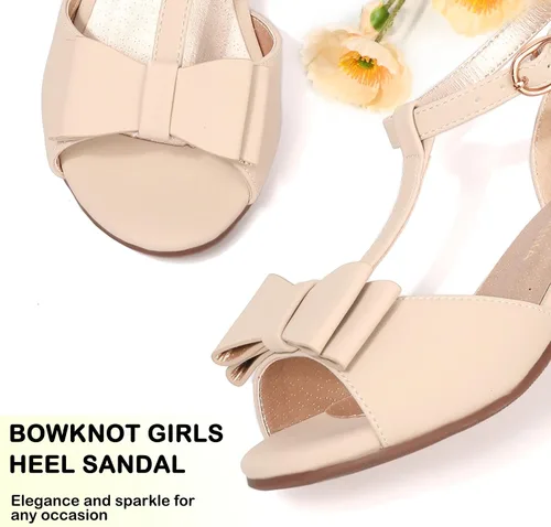 Vista 2 de PANDANINJIA Lilly Zapatos de vestir para niñas con tacón y correa en T, puntera abierta, lazo para niños pequeños y grandes, zapatos para niñas