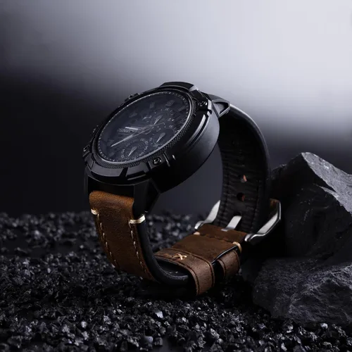 Vista 3 de Correa de reloj de pulsera de cuero genuino marrón oscuro de 0.945 in para hombres con hebilla de acero inoxidable
