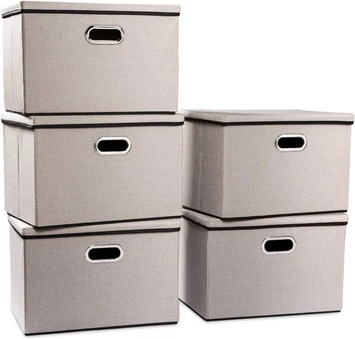 Vista 78 de PRANDOM Contenedores de almacenamiento con tapas [paquete de 3] cajas de almacenamiento plegables de tela de lino, canastas organizadoras, cubos