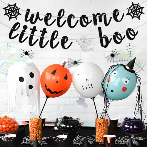 Vista 3 de Cartel de bienvenida Little Boo, Oh Baby, tema de Halloween, espeluznante baby shower, revelación de género, suministros de decoración de fiesta AF