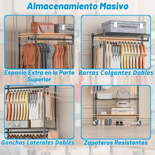 Vista 8 de Homdox Estante para ropa resistente con 3 estantes ajustables de alambre, estantes para ropa para colgar, estante de ropa de doble barra, armario