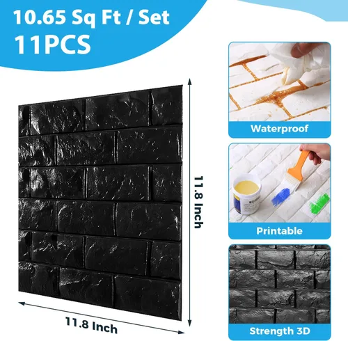 Vista 2 de Circloophs Paneles de pared 3D para pegar y despegar, papel tapiz 3D imprimible de ladrillo negro, autoadhesivo, impermeable, paneles de ladrillo