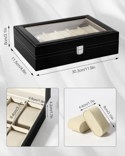 Vista 6 de Uten Organizador de relojes, caja de poliuretano con 12 ranuras y tapa de cristal, regalo del día de San Valentín, caja de exhibición de reloj