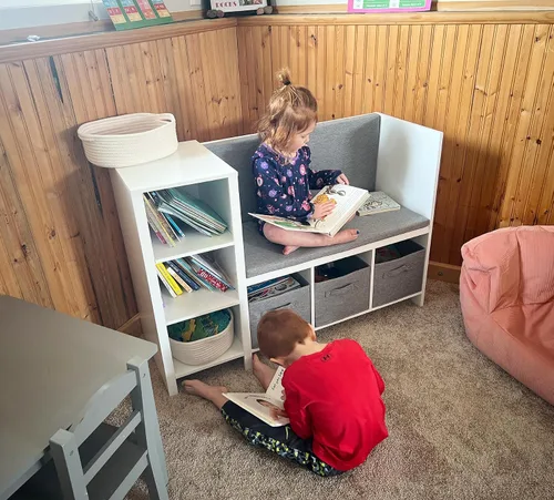 Vista 8 de UTEX Banco de lectura para niños con estantería, estantería para niños y organizador de almacenamiento con cojín de asiento, banco de lectura