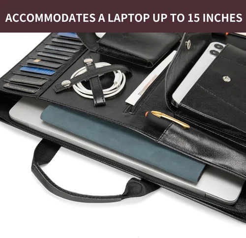 Vista 5 de Portafolio de cuero vegano para tamaño legal (8.5 x 14 pulgadas), portafolio portapapeles con asa, soporte para laptop de 15 pulgadas, organizador