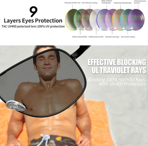 Vista 4 de Joopin Lentes de sol polarizados de aviación de metal para hombre, gafas de sol militares clásicas para mujer, lentes rectangulares con protección