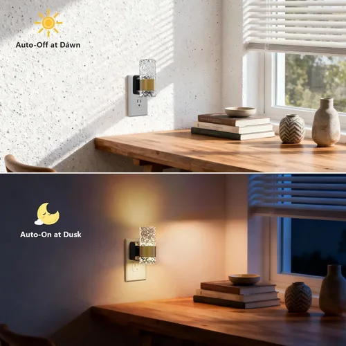 Vista 3 de Luces LED de noche de acrílico regulables, sensor de atardecer a amanecer, paquete de 2 Brillo ajustable de 0-100 lúmenes. Ambiente de oro cálido