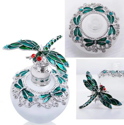 Vista 7 de YU FENG - Botella de perfume de cristal vacía de 40 ml con tapón de libélula verde, adornada con strass, rellenable, botella de vidrio