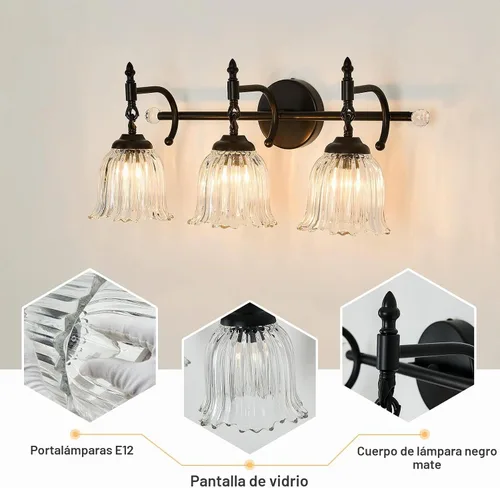 Vista 4 de CVKASH Accesorios de Lámpara de Tocador de Baño de 3 Luces Sobre Espejo, Lámpara de Tocador Moderna Negra con Pantalla de Vidrio, Aplique de Pared