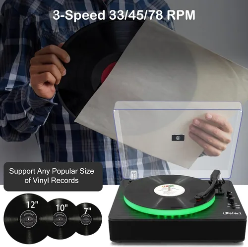 Vista 2 de LP&No.1 - Tocadiscos con altavoces estéreo incorporados, control LED, tocadiscos de vinilo de 3 velocidades con transmisión por correa