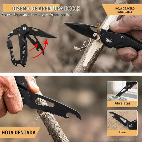 Vista 4 de FUNBRO Multiherramienta manual estilo mosquetón 9 en 1, herramienta para Negro profundo