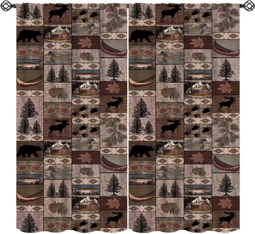Vista 9 de Cortinas rústicas de alce y ciervo, estilo rústico, alce, ciervo, cabaña, cabaña, alce, pino, estilo rural, estilo rural, cortina opaca