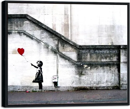 Vista 14 de Wieco Art Lienzo enmarcado para pared, impresiones en lienzo Giclée de Banksy Grafitti Girl con globo rojo, ilustraciones abstractas para decoración