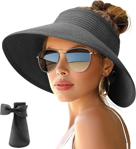 Vista 12 de NPJY Sun Hats for Women Wide Brim Roll-Up Ponytail Packable Straw Visor Blanco