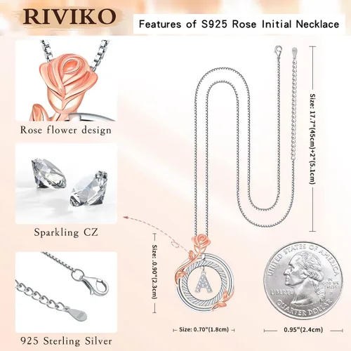 Vista 5 de RIVIKO Regalos de San Valentín para ella, collares de plata esterlina 925 con inicial de círculo de rosas, collares con dije de letra inicial
