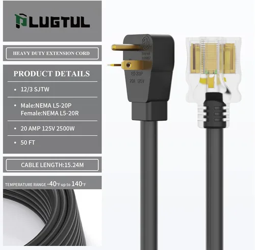 Vista 3 de PLUGTUL Cable de extensión de 20 amperios de 50 pies Cable de extensión resistente NEMA 5-20, extremo iluminado, calibre 12, SJTW, 20AMP 125V